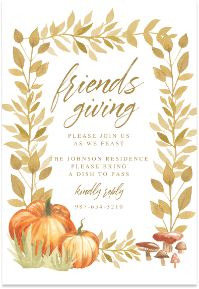 Elegant Friendsgiving Invitation in Gold Font with a Frame of Gold Fall Foliage. Features Two Pumpkin Illustrations and a Mushroom Illustration.