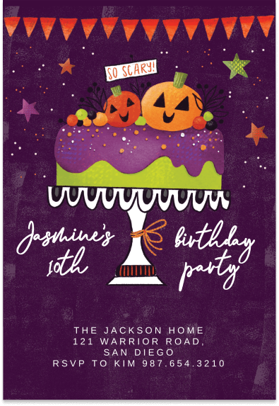 Festive Halloween-Themed Birthday Invitation: A Spooky Cake in Vibrant Green and Purple Tones, Crowned with Playful Pumpkins. The Background, in a Rich Shade of Purple, is Adorned with a Sprinkle of Colorful Stars.