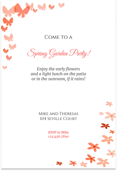 Enchanting Spring Garden Party Invitation: A whimsical design graces this invitation with butterflies fluttering in the upper corner and vibrant flowers adorning the lower corner against a simple white background. Elegance meets nature in this delightful invitation to a joyous garden celebration.