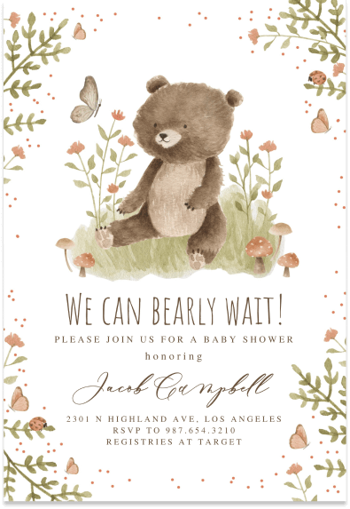 Charming baby shower invitation featuring an endearing teddy bear surrounded by blooming flowers and a playful butterfly. The text reads: 'We can bearly wait!'
