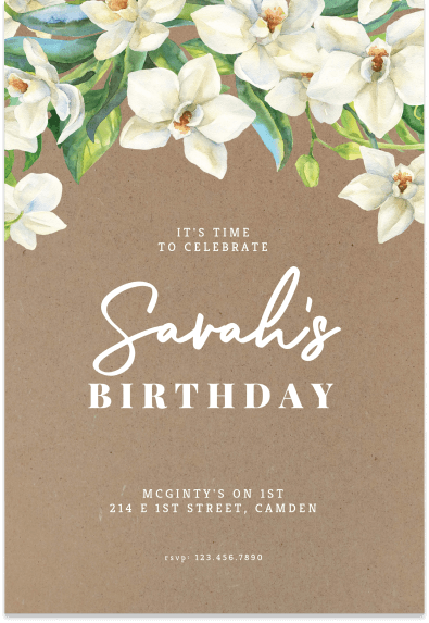White Flowers on a Light Brown Paper-Like Background with White Text: Elegant Birthday Invitation Design.