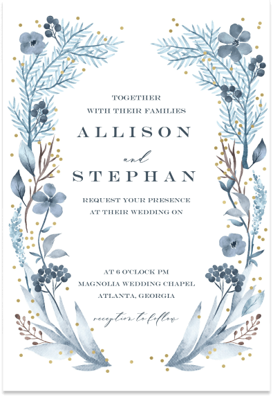 Elegant winter-themed wedding invitation featuring light blue foliage with beautifully styled text at the center.