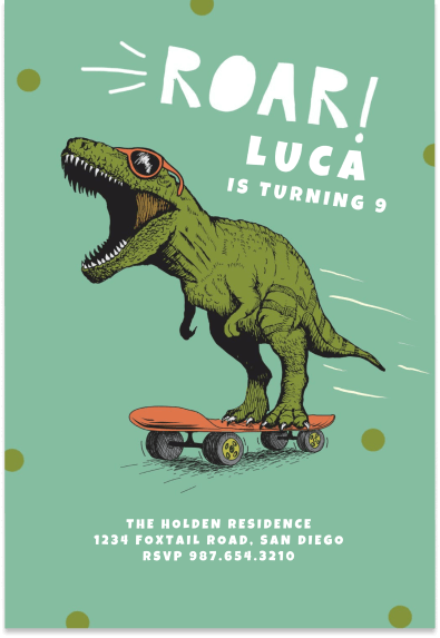 Invitation for Boys' Birthday Party: An Illustration of a Skateboarding Dinosaur Adds Excitement and Adventure to the Celebration Theme.