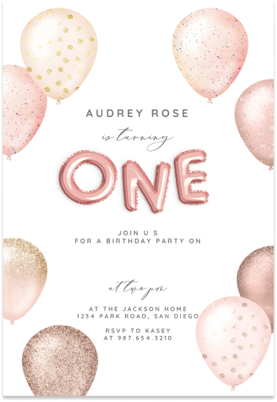 Delicate Light Pink Balloon Illustrations Grace the Invitation, Forming the Word 'One' for this Birthday Celebration.