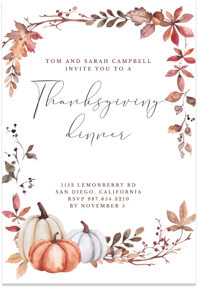 Elegant Thanksgiving Dinner Invitation with Refined Text Font on White Background. Embellished with Autumnal Golden Foliage and Pumpkin Illustration in Bottom Left Corner