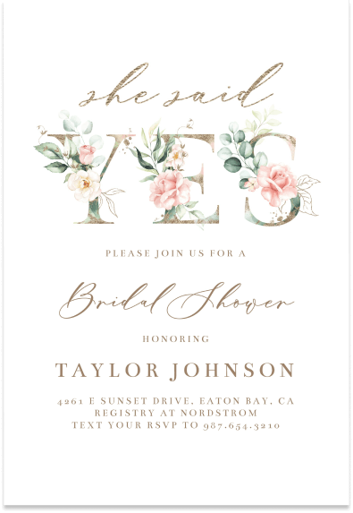 Bridal Shower Invitation: 'She Said Yes' in elegant gold against a clean white backdrop. Delicate floral accents adorn the word 'yes'