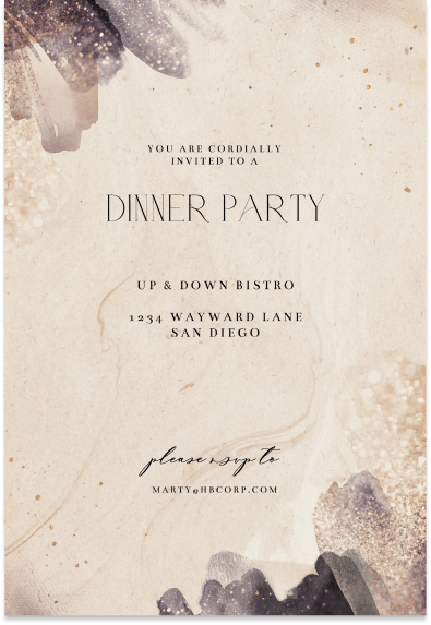 Dinner Party Invitation: Inviting You to an Evening of Delight, Set Against a Beige Watercolor Background with Graceful Grey Brush Strokes at the Corners