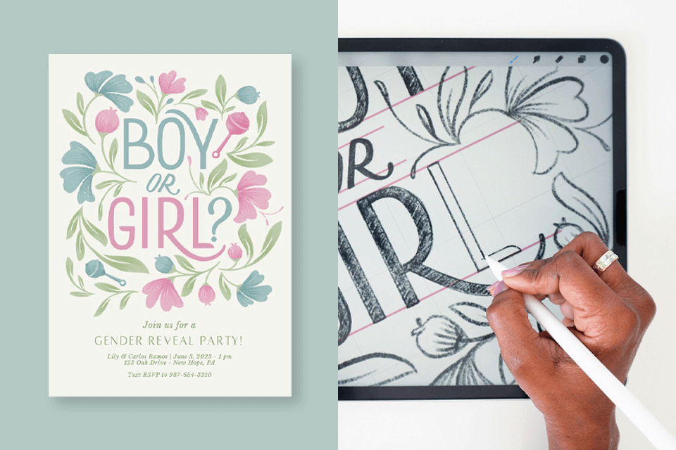 gender reveal party invitation with a floral theme on one side, and an artistic representation of a hand drawing on a digital tablet on the opposite side, symbolizing the blend of tradition and modern design.