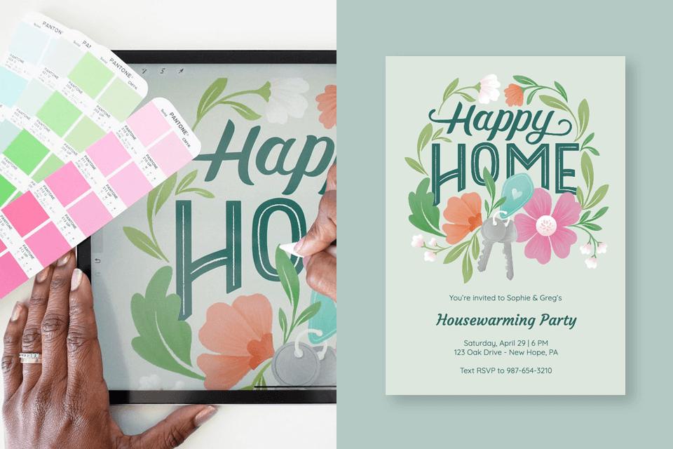 Housewarming invite by Gia Graham with 'Happy Home' text, floral and key designs