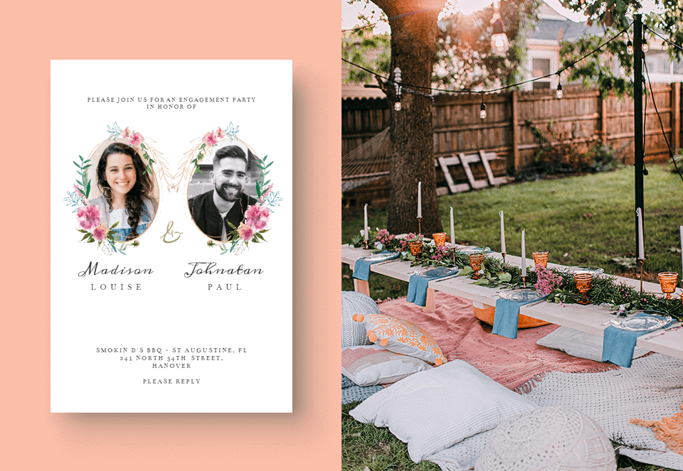 An enchanting engagement party invitation adorned with beautiful floral photographs, set against a picturesque outdoor party backdrop.