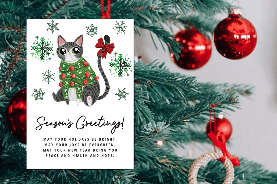 Christmas card: 'Season's Greetings! May your holidays be bright, may your joys be evergreen, may your new year bring you peace and health and hope.' Featuring an illustration of a cat in a Christmas sweater, displayed on a decorated Christmas tree.
