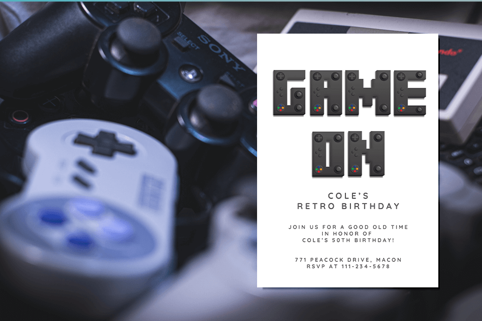 Get ready to play! Cole's retro birthday invitation showcases a nostalgic video game design set against a backdrop of classic Nintendo consoles.
