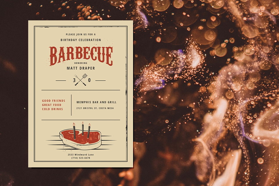 Invitation to Rustic BBQ Party: A Meaty Illustration with Three Birthday Candles, Set Against a Fiery Backdrop
