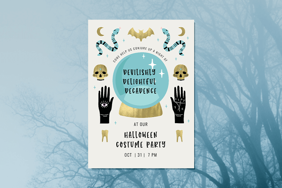 Halloween costume party invitation featuring a spooky design with a glowing crystal ball, skulls, slithering snakes, and bats.