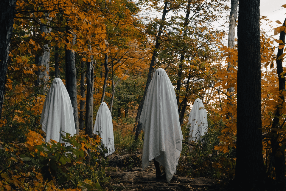 A group of people in costumes, all wearing white cloaks, walking down a path in the woods.