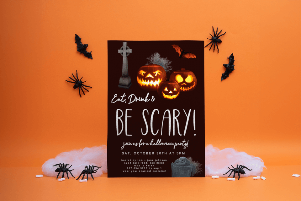 Halloween Party Invitation with Carved Pumpkins, Bat, Tomb Headstone, Cross, and Spooky Message. Background adorned with Plastic Spiders and Bats for a Spine-Chilling Atmosphere.