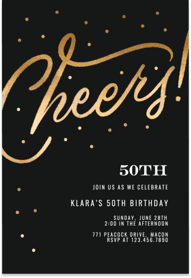 Elegant black 50th birthday party invitation with gold accents, featuring the word 'Cheers' written in a sophisticated gold font.