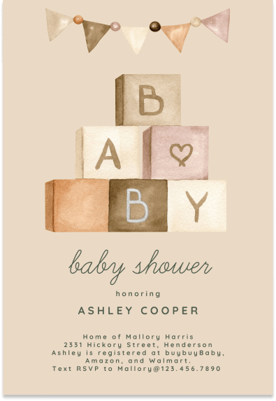 Baby shower invitation in a soothing cream color, featuring an illustration of stacked blocks spelling out 'baby'. A whimsical garland adorns the top, while essential details are elegantly placed at the bottom.