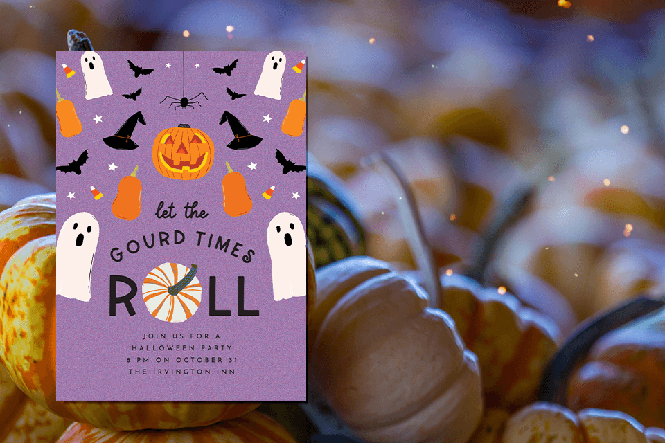 Halloween party invitation in vibrant purple, adorned with lively pumpkin, whimsical witch hats, and friendly ghosts illustrations. The text reads 'Let the Gourd Times Roll! Join us for a Halloween Party'. Background features a festive array of pumpkins