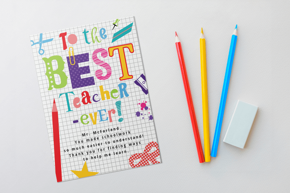 A Thank You Card with a Grateful Message: 'To the BEST Teacher Ever' Against a Background of Three Color Pencils and an Eraser, Symbolizing Appreciation for a Wonderful Teacher.
