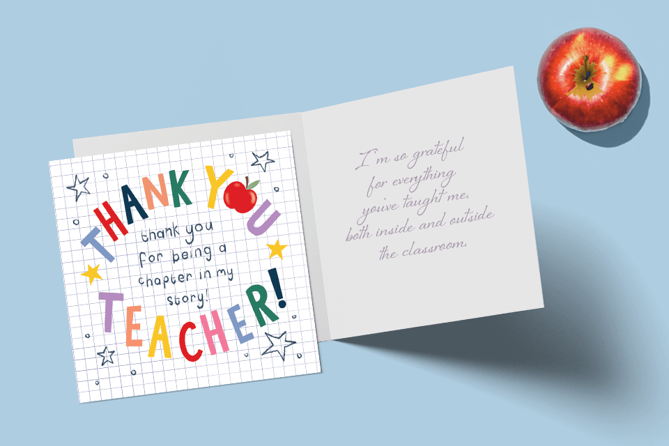 Square folded greeting card with the words "Thank you Teacher" on a blue background and a red apple.