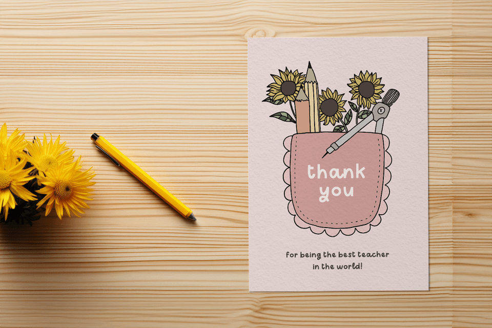 Thank you card with an illustration of yellow flowers on a light wood background.