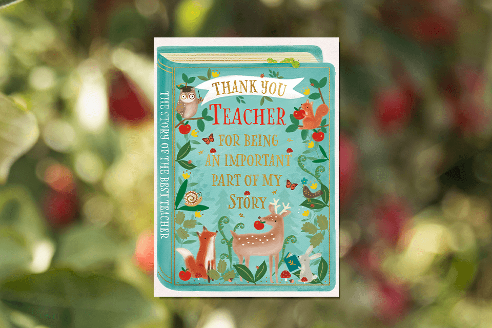 Thank you teacher greeting card with an illustration of a book and forest animals.