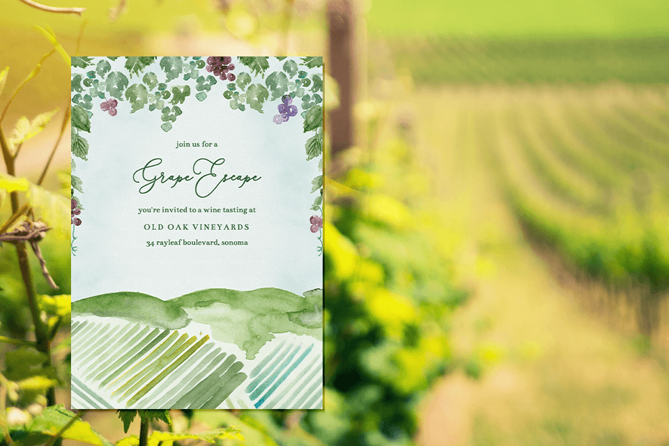 Vineyard-themed 50th birthday party invitation 'Grape Escape' with a watercolor effect illustration of lush vines. The background features a captivating image of an actual vineyard.