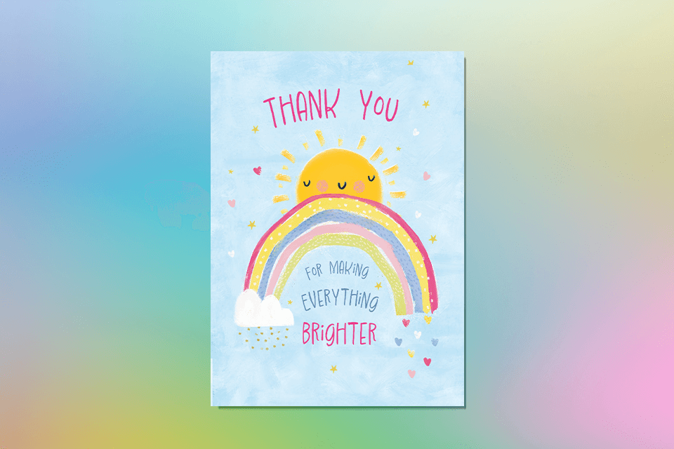 Thank you teacher greeting card with a rainbow illustration on a colourful background.