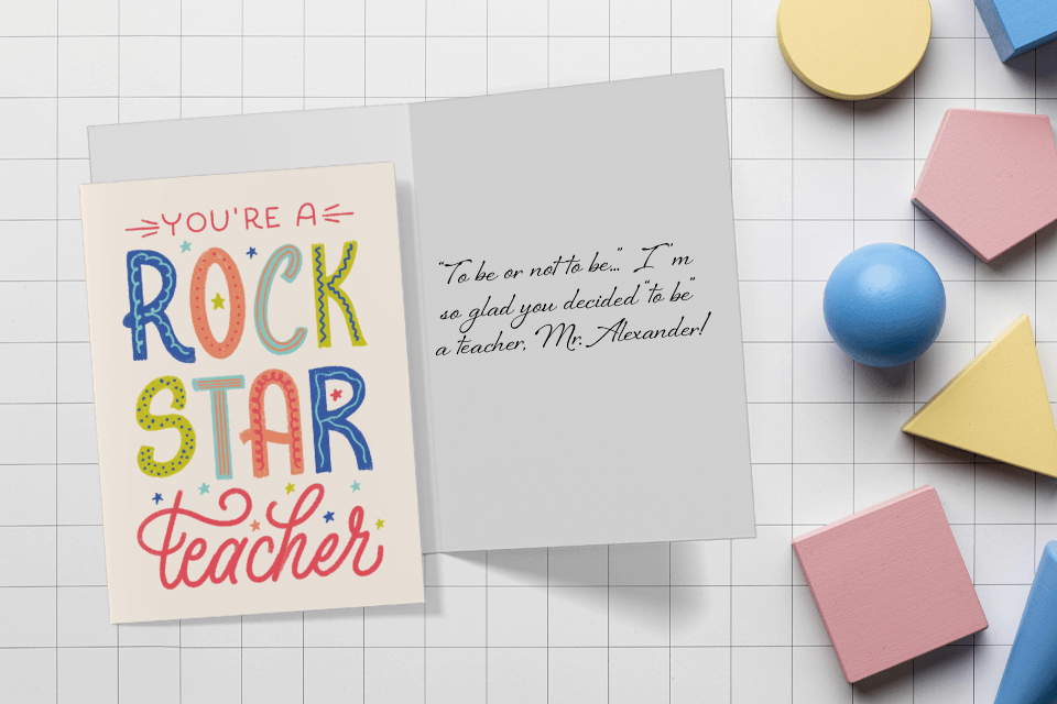 Folded Thank You Card for Teacher: Front view featuring the message 'You're a rockstar teacher' against a vibrant background of assorted colourful shapes.