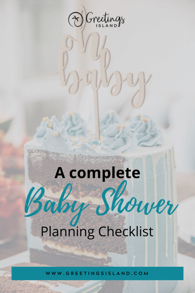 A complete baby shower planning checklist. Pinterest pin banner for blog post on baby shower ideas.