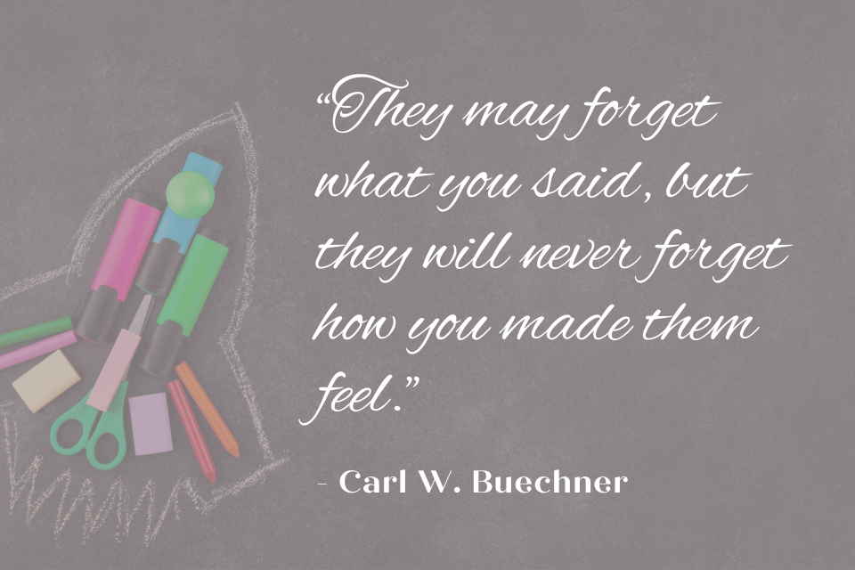 Quote by Carl W. Buechner: 'They may forget what you said, but they will never forget how you made them feel.' The quote is presented in white text overlaid on a top view image of a rocket sketched on a blackboard. Inside the rocket, there are pens and colors.