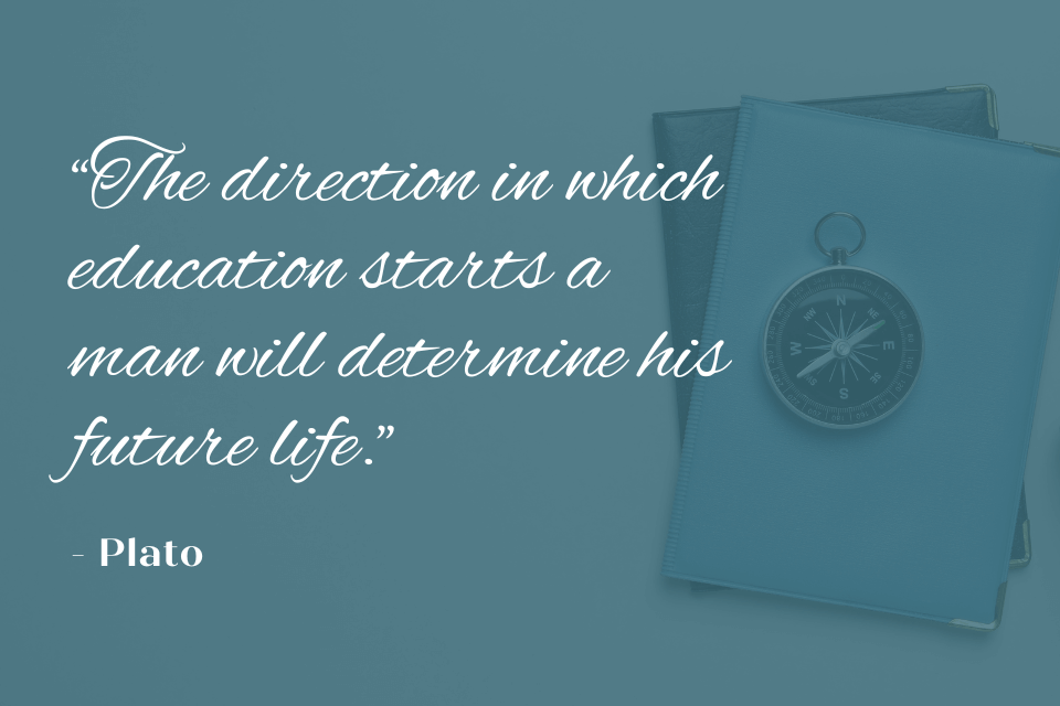 Quote by Plato: "The direction in which education starts a man will determine his future life." White text on image with two notebooks and a compass.