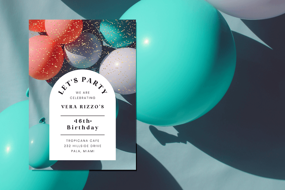 Teen Birthday party Invite: Pastel Balloons in Red, Green, and Grey Against a Subtle Background - Inspiring Teen Party Ideas!