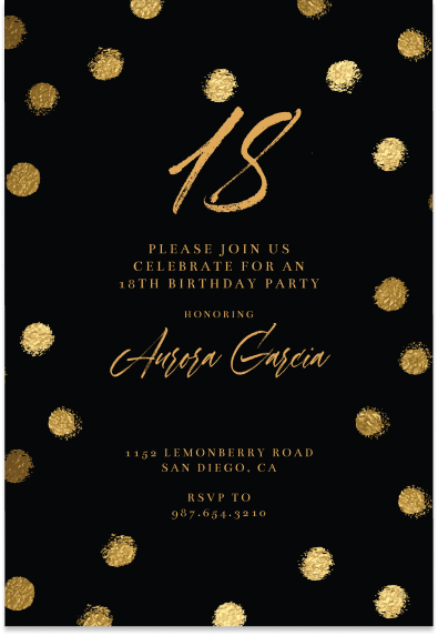 Chic 18th Birthday Invitation with Elegant Golden Typography, Set Against a Stylish Black Background Adorned with Gilded Polka Dots