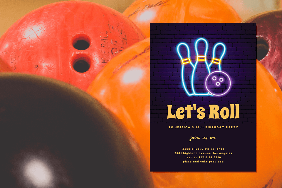 Glow-in-the-Dark Bowling bottles and ball illustration with 'Let's Roll' in yellow text, set against a background of stacked bowling balls.