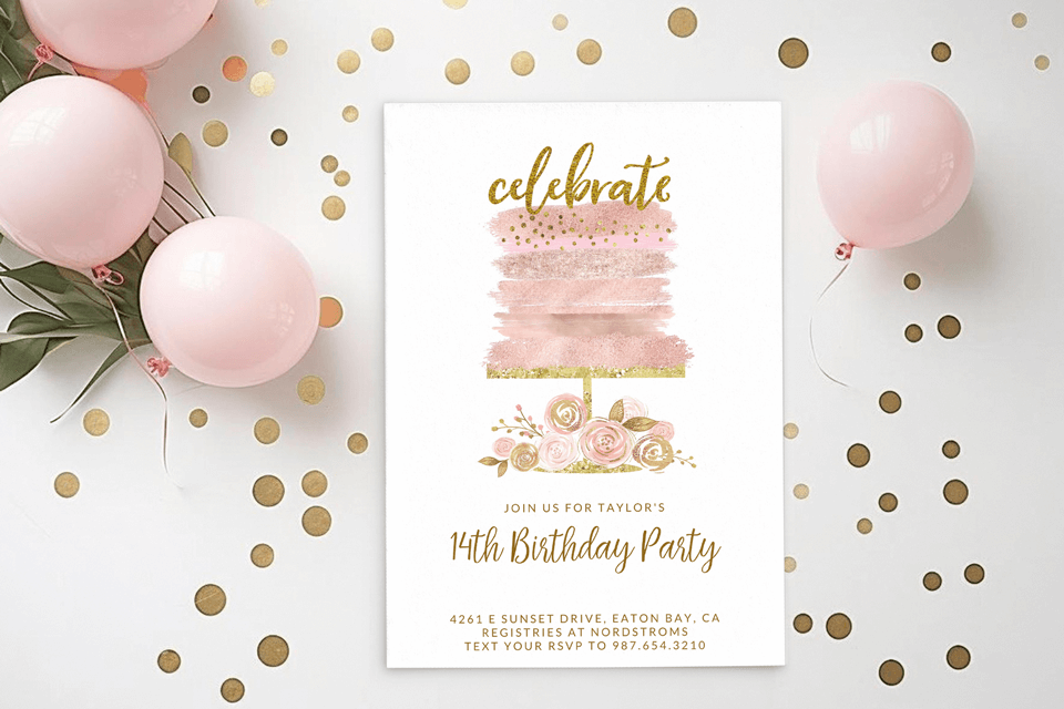 Invitation: Golden 'Celebrate' on Pink Cake with Floral Accents. Set on White Surface with Pink Balloons and Golden Confetti.