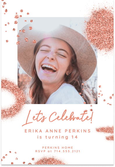 Invitation featuring a centered photograph of a joyful girl, set against a backdrop of peach-colored sparkles. The text reads 'Let's Celebrate' - Perfect for a Teen Birthday Invitation.