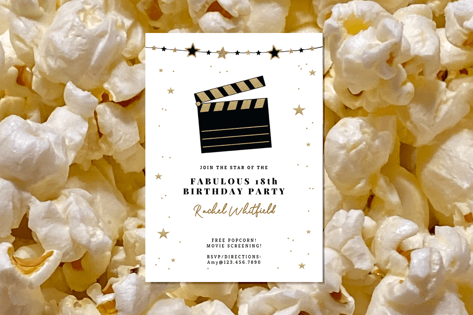 Invitation to a Movie night-Themed Birthday Party: Featuring an Illustration of a Clapperboard and Golden Stars, Resting on a Background Resembling Popped Corn.