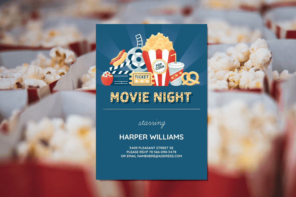 Invitation for a Movie-Themed Teen Birthday party: Dark Blue with Fun Illustrations of Popcorn, Pretzel, Ticket, Film Roll, Soda, and Hot Dog - Perfect Inspiration for Teen Birthday Ideas!