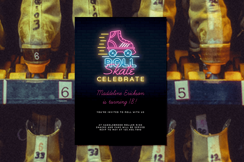 Electric Skate Roll Artwork in Pink and Blue, Illuminated with Yellow Neon Text, Against a Sleek Black Background. Invitations Nestled Amongst a Line of Rollers at the Rink.