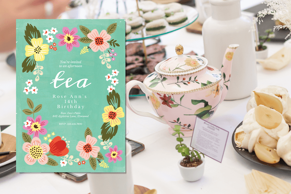 Vibrant Teen Tea Party Birthday Invitation: A lush green backdrop adorned with lively floral illustrations, featuring a beautifully set table adorned with delectable tea sandwiches and treats. A central floral teapot adds a charming touch to this delightful scene.