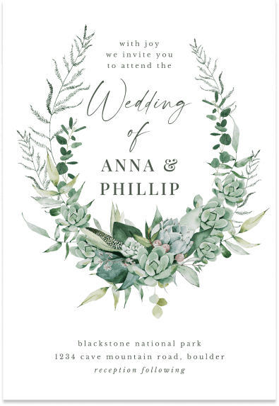 A sophisticated and simple winter wedding invitation, featuring a beautifully designed green floral wreath. The wreath encircles the elegant text, symbolizing unity and natural beauty, perfectly embodying the serene and graceful essence of a winter wedding