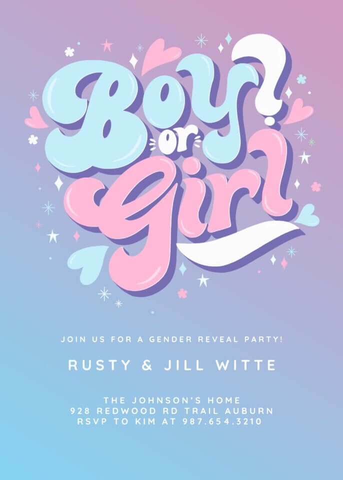 Colorful 'Boy or Girl' gender reveal invitation by Black Lamb Studio for Greetings Island.