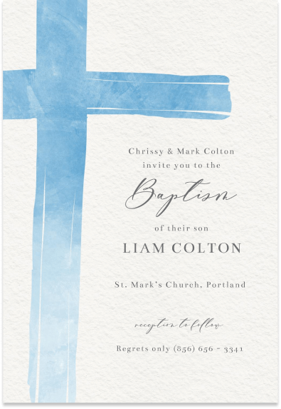Elegant baptism invitation with a simple watercolor design featuring a blue cross. The cross is softly rendered in varying shades of blue, creating a serene and graceful appearance on a clean, white background.