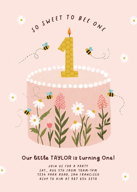 A first birthday invitation titled 'So Sweet to Be One', adorned with bee illustrations and a drawing of a cake with a lit number one candle. Surrounding the cake are delicate flower illustrations, adding a playful and festive touch to the invitation.