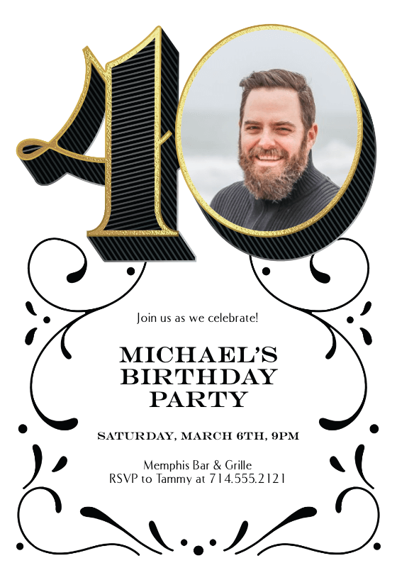 Elegant 40th milestone invitation featuring the number '40' with a tasteful gold border, incorporating a photograph within the zero, and surrounded by an ornate design to celebrate a significant age with grace and style.