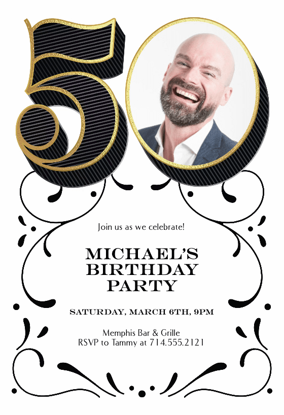 Elegant 'Big 50' milestone invitation featuring a large numeral '50' with a gold border, the zero framing a photograph of a distinguished man, complemented by an ornate design for a touch of sophistication.