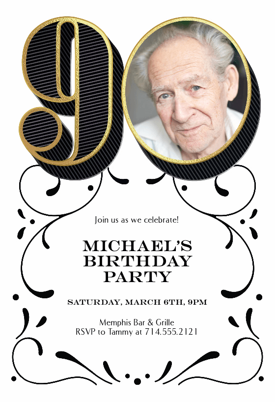 Elegant 90th milestone invitation featuring the number '90' with a tasteful gold border, incorporating a photograph within the zero, and surrounded by an ornate design to celebrate a significant age with grace and style.