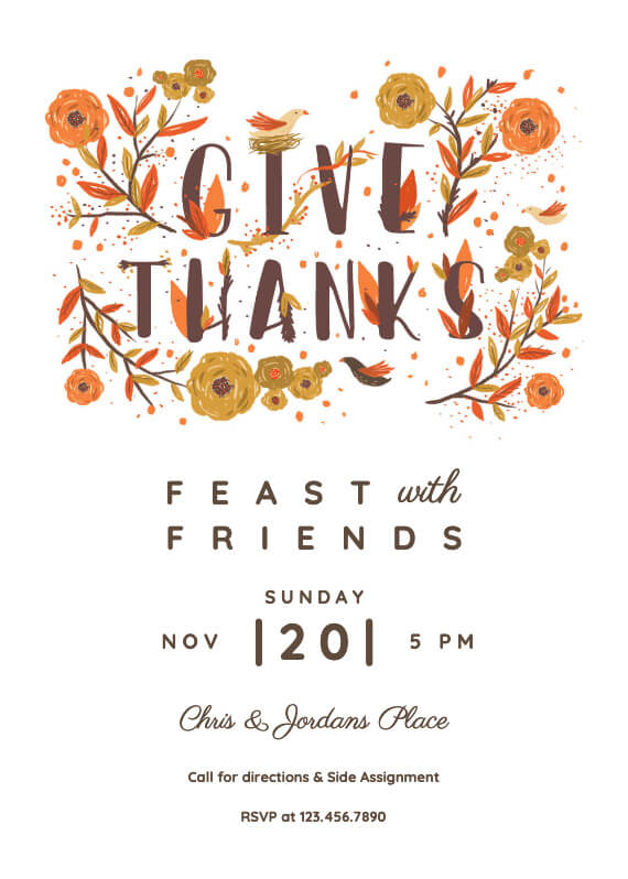 A Thanksgiving invitation featuring the phrase 'Give Thanks' at the center, encircled by an illustration of brown flowers. The design combines the warmth of the holiday with an elegant floral motif.